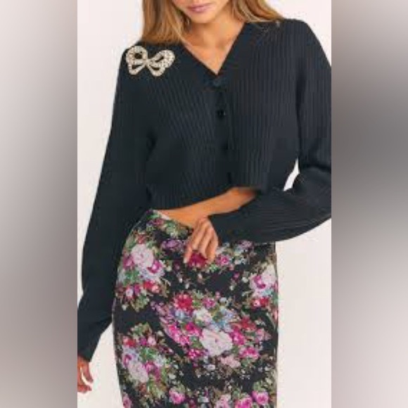 LoveShackFancy Larsa Crop Cardigan in Black - Picture 3 of 16